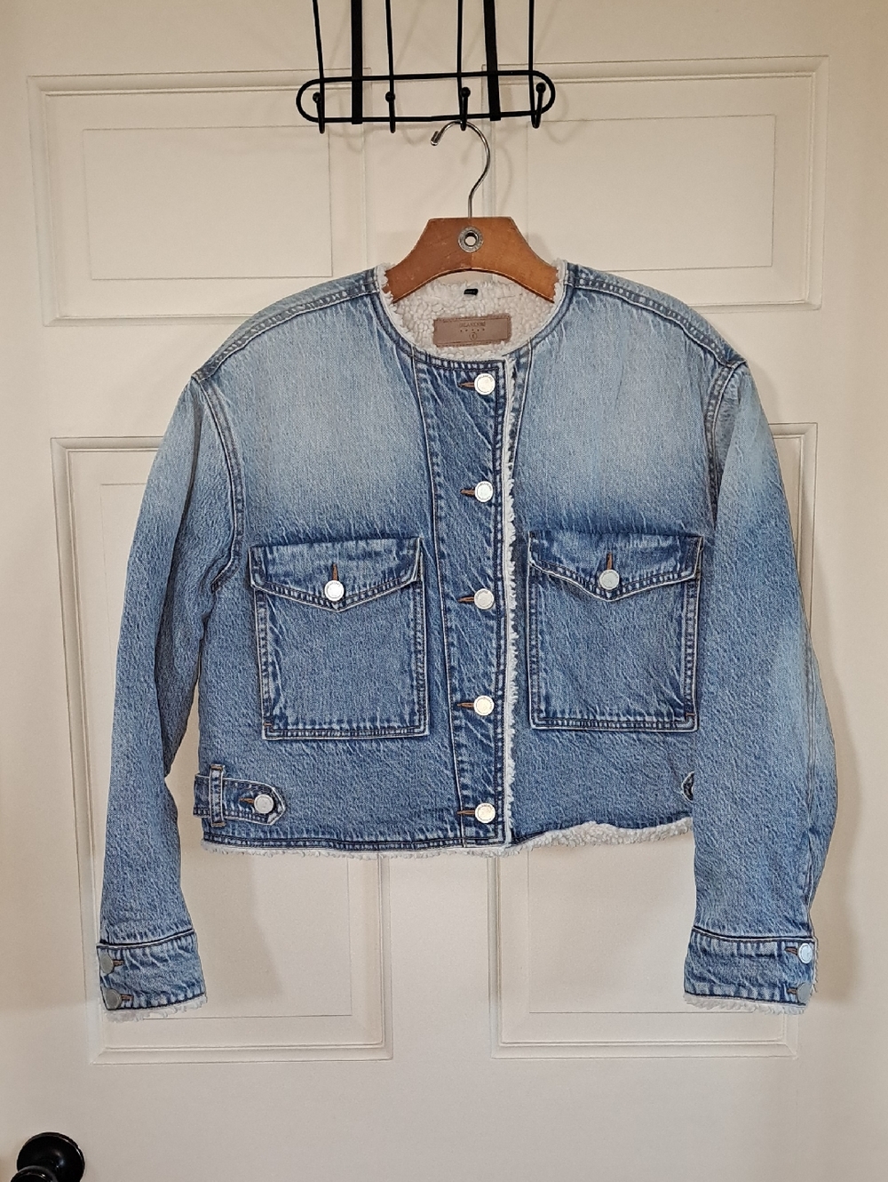 BLANKNYC Sherpa Lined Collarless Y2k Cropped Boxy Oversized Denim Jacket